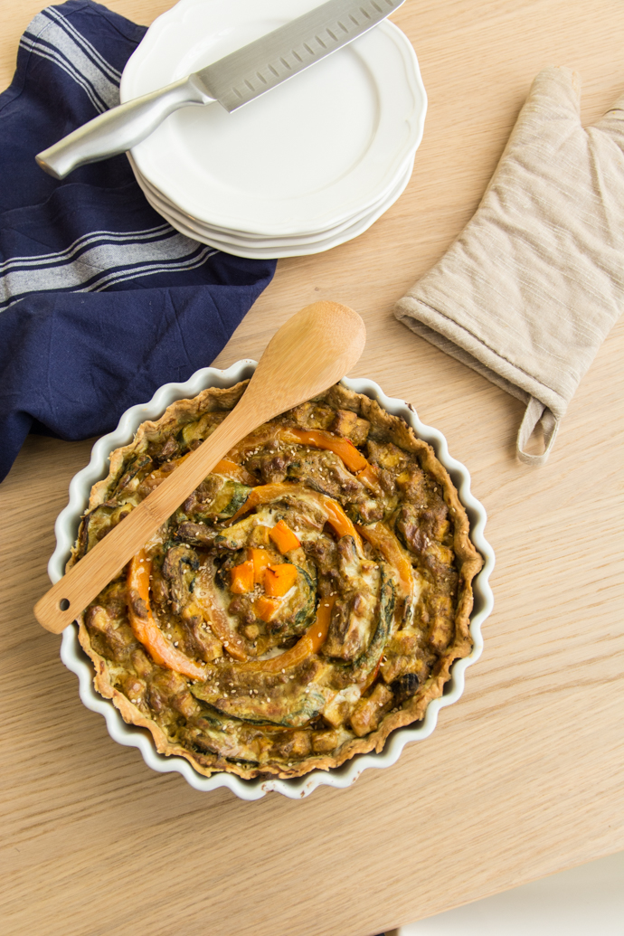 Tarte de légumes et tofu fumé : courge, champignons, courgettes