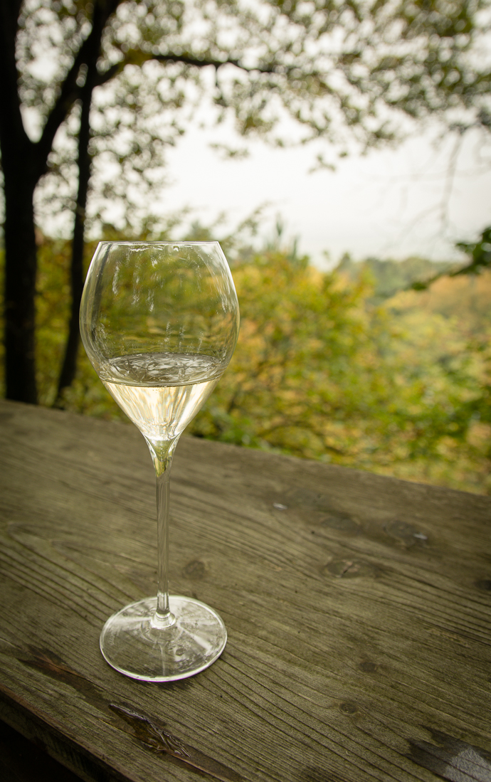 Coupe de champagne Lanson dans une cabane dans les bois