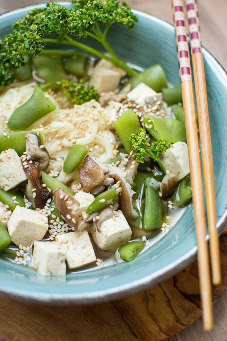 Champignons Shiitakés, tofu, haricots plats, Lapsang Souchang