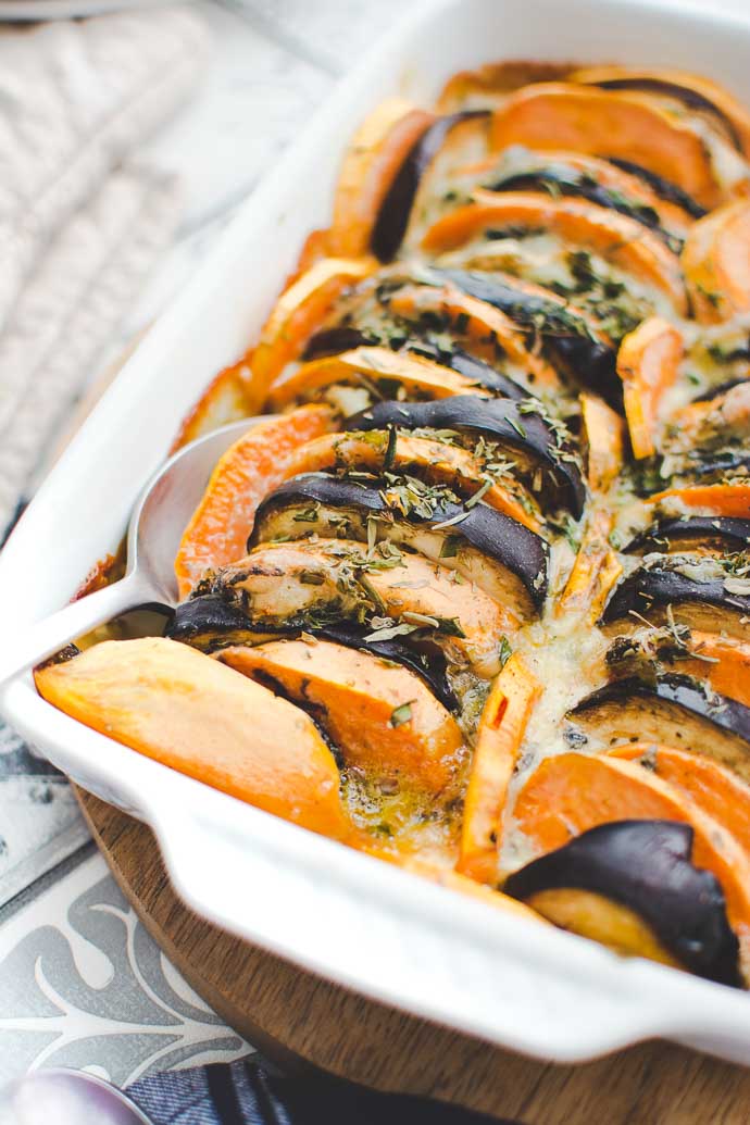 Gratin de légumes à IG bas : patate douce, aubergine, gorgonzola