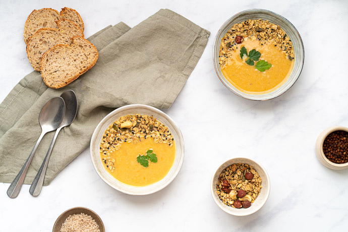 Velouté de courge butternut, lentilles corail et lait de coco - recette sans lactose