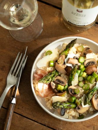 Risotto d'asperges, coppa et champignons