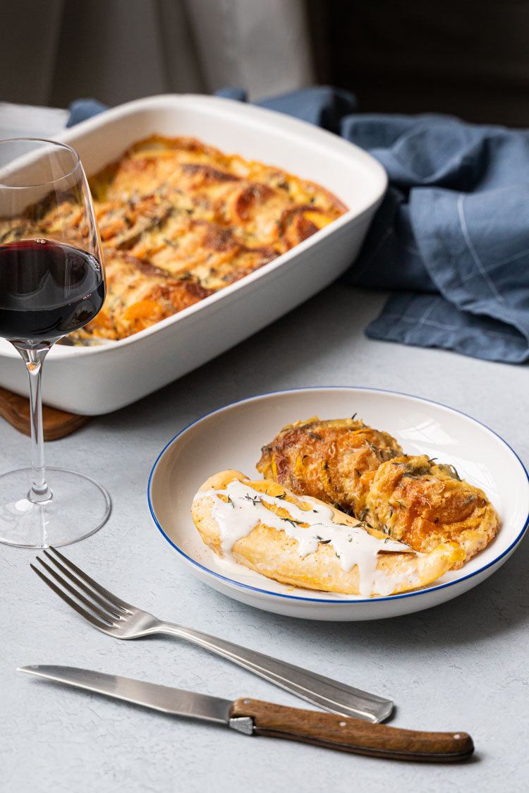 Gratin de patates douces au beurre de thym - recette sans lactose, sans gluten, végétarienne