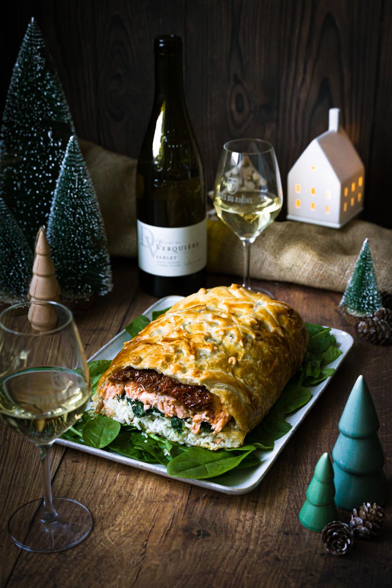 Saumon feuilletée (Koulibiac), châtaignes et champignons - recette festive de Noël