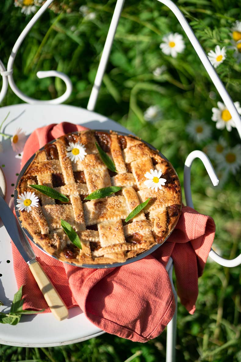 Tarte à la rhubarbe, aux fraises du jardin & à la verveine